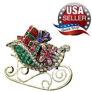 Christmas Sleigh Brooch Pin • Red Green White Blue Pink AB Rhinestones Gold Tone